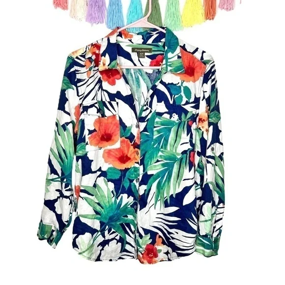 Tommy Bahama Victoria Bloom Floral Tropical Long Sleeve Palm Leaf Blouse Medium - Picture 1 of 13